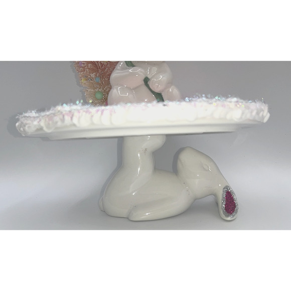 Vintage Ceramic Bunny Sitting on Cake Stand Bottle Brush Carrott Tree Flower Hat - Picture 4 of 16